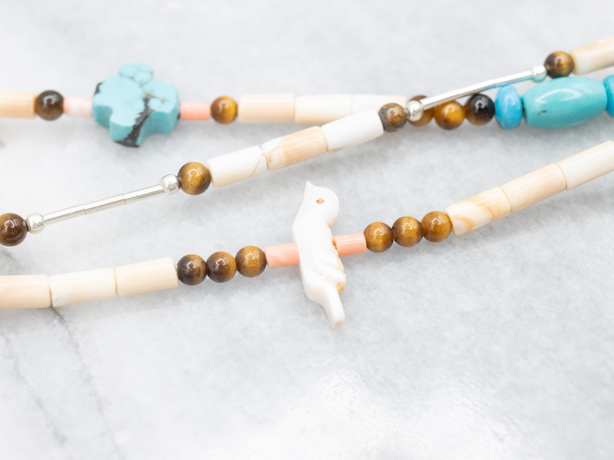 Three-Strand Turquoise and Tiger's Eye Animal Fetish Bead Necklace