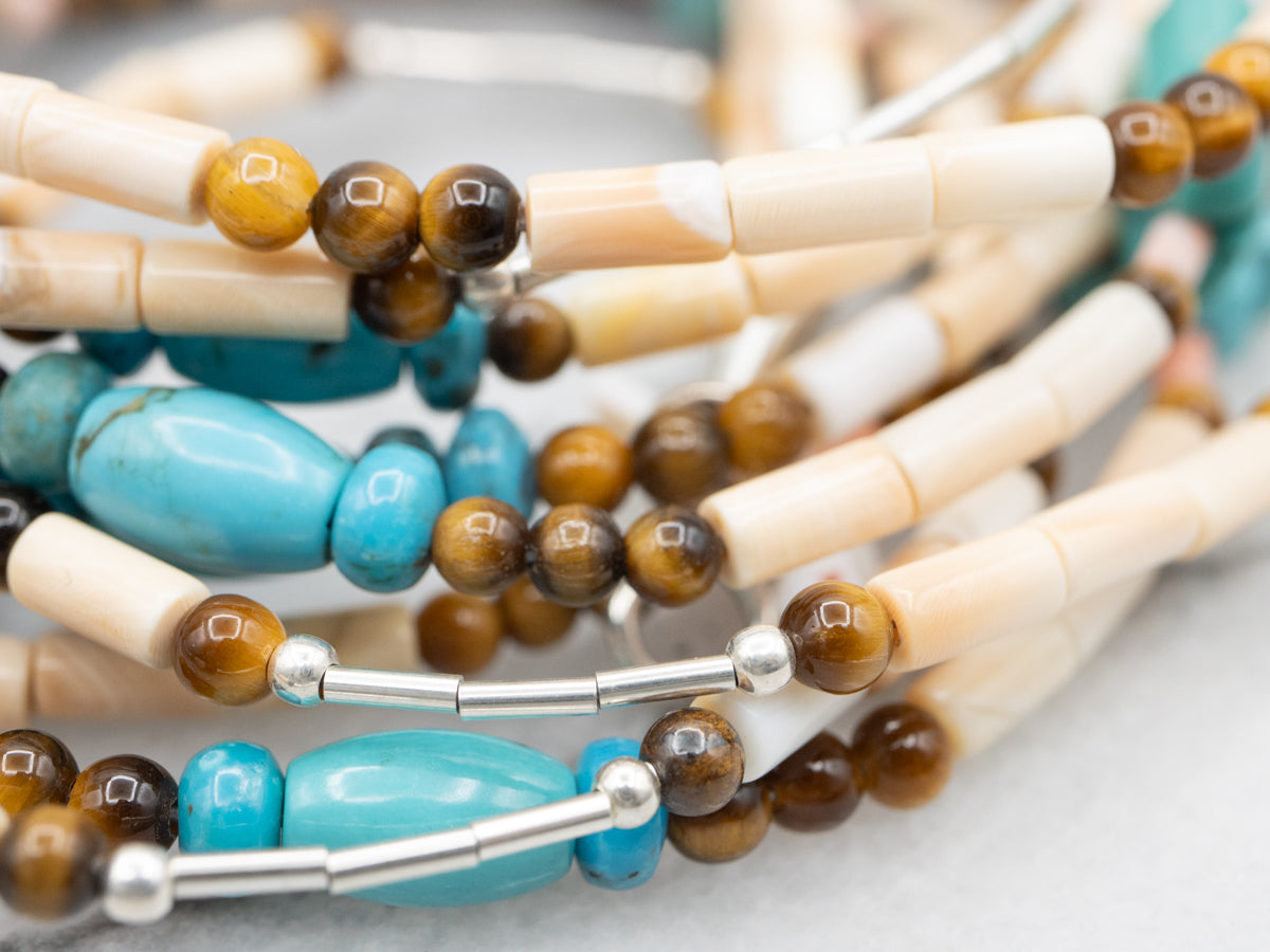 Three-Strand Turquoise and Tiger's Eye Animal Fetish Bead Necklace