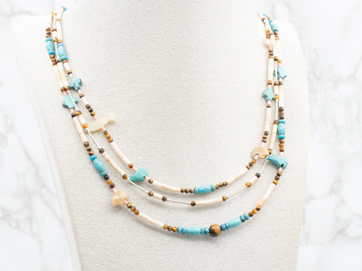 Three-Strand Turquoise and Tiger's Eye Animal Fetish Bead Necklace