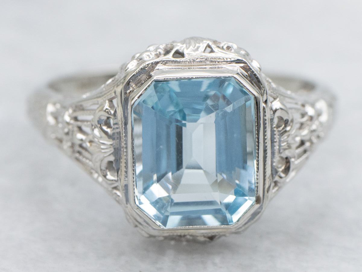 Blue Topaz Antique Filigree Solitaire Ring