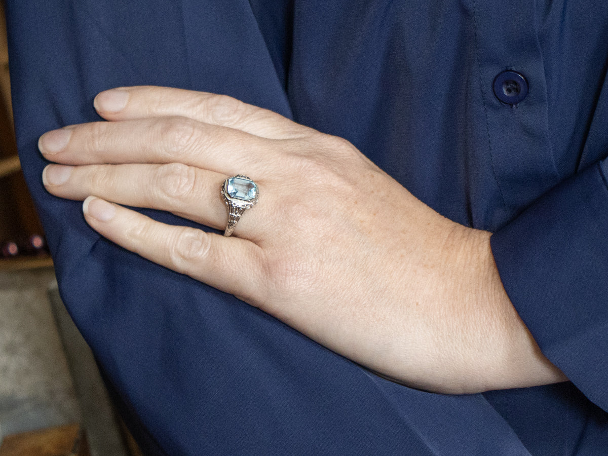 Blue Topaz Antique Filigree Solitaire Ring