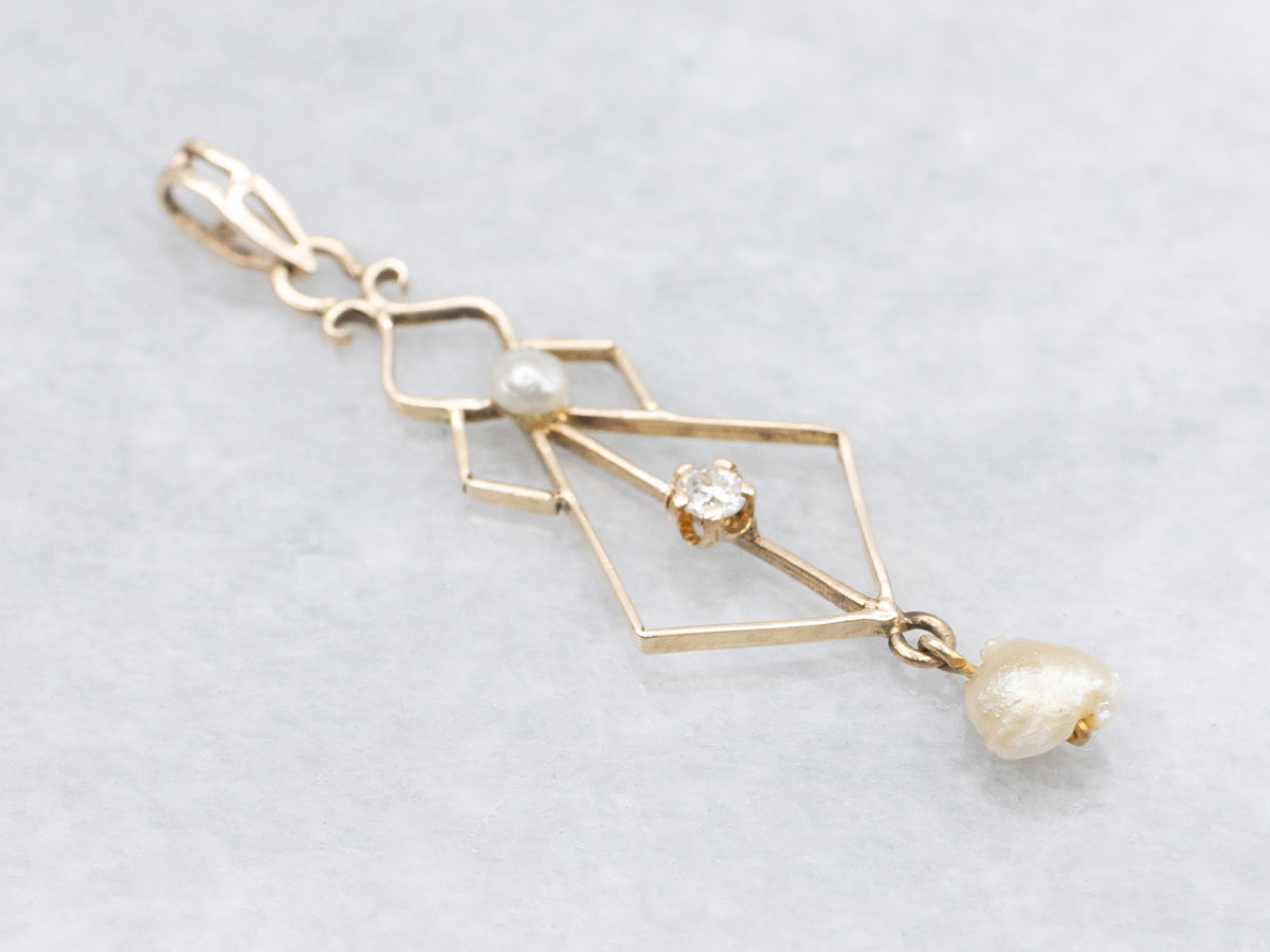 Lovely Lavalier Old Mine Cut Diamond and Pearl Antique Pendant