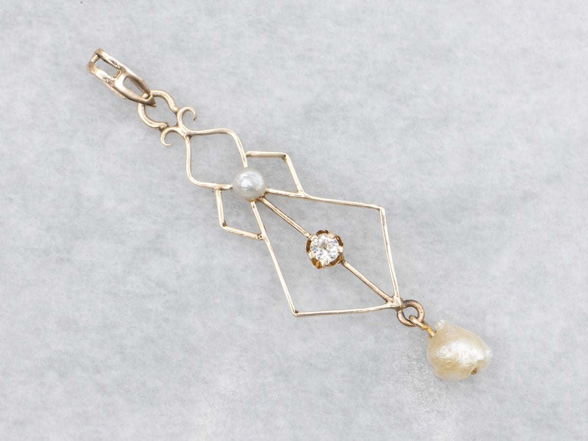 Lovely Lavalier Old Mine Cut Diamond and Pearl Antique Pendant