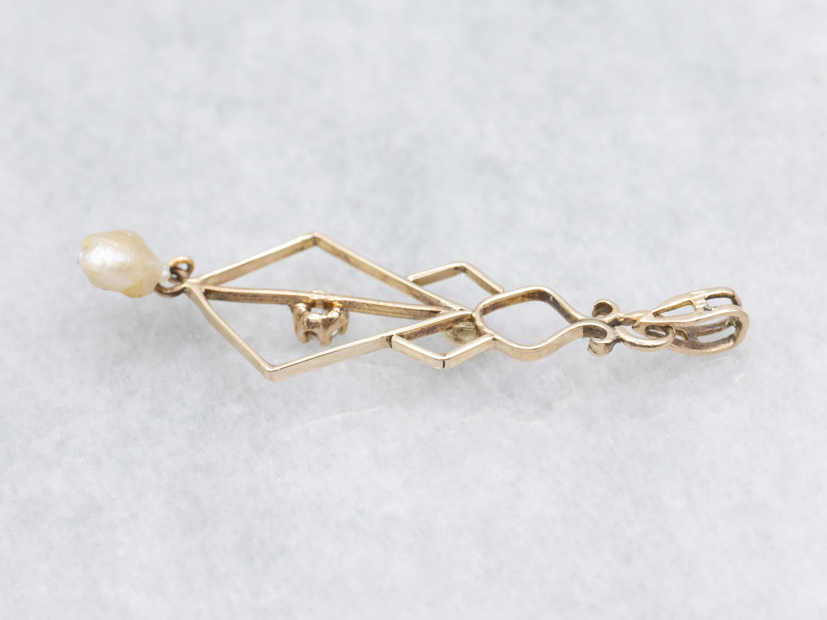 Lovely Lavalier Old Mine Cut Diamond and Pearl Antique Pendant