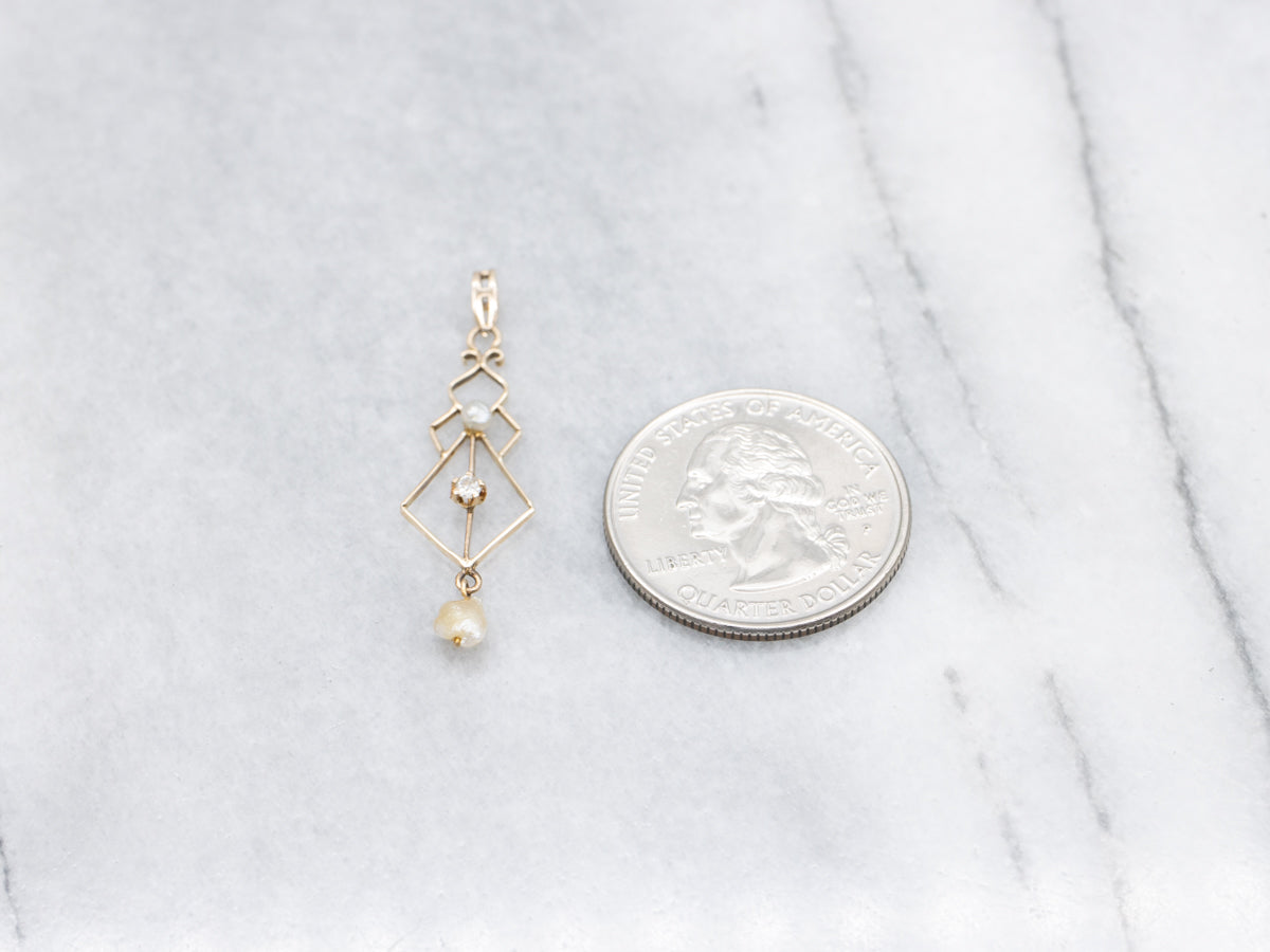 Lovely Lavalier Old Mine Cut Diamond and Pearl Antique Pendant