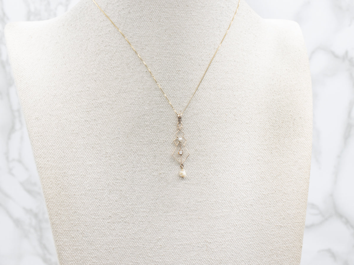 Lovely Lavalier Old Mine Cut Diamond and Pearl Antique Pendant