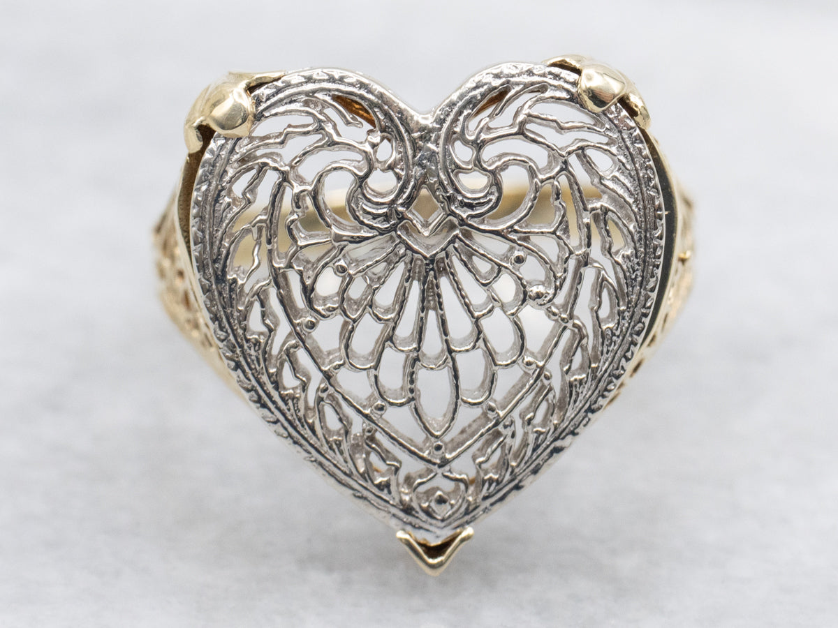 Two Tone Gold Vintage Filigree Heart Ring