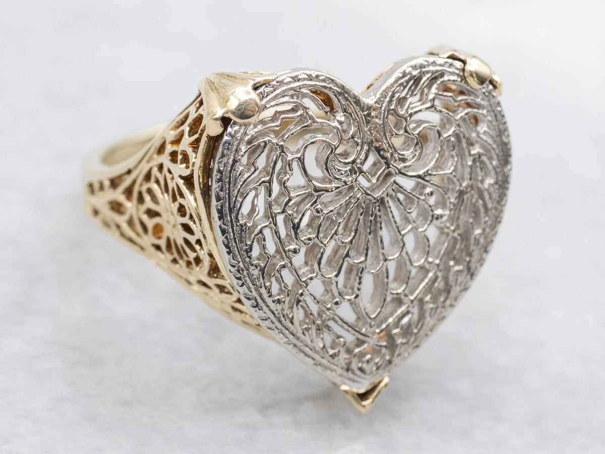 Two Tone Gold Vintage Filigree Heart Ring