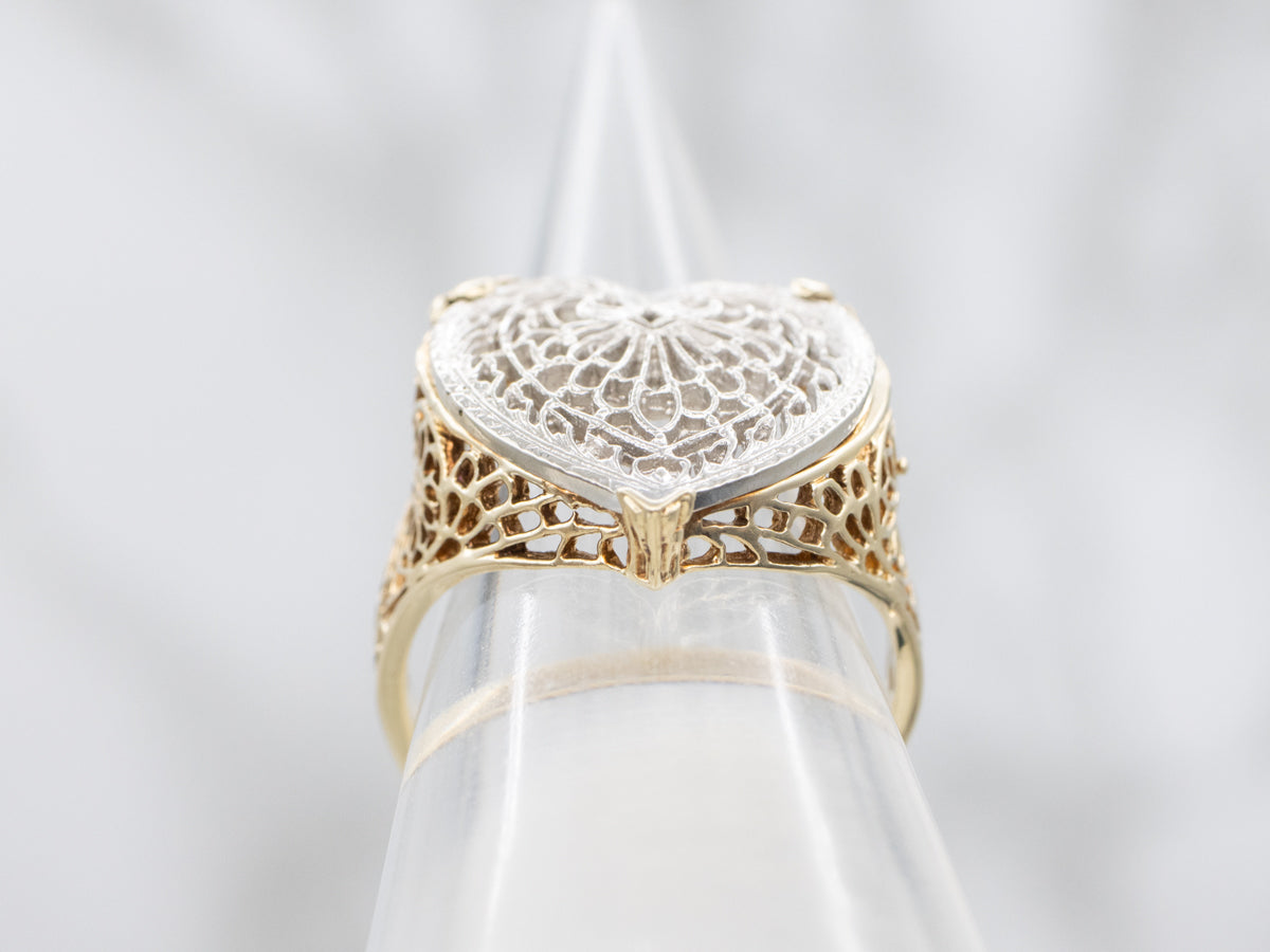 Two Tone Gold Vintage Filigree Heart Ring