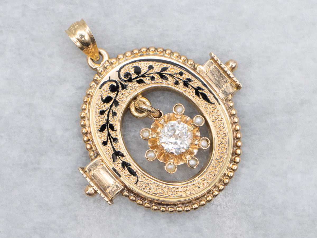 Victorian Old Mine Cut Diamond Gold and Enamel Pendant