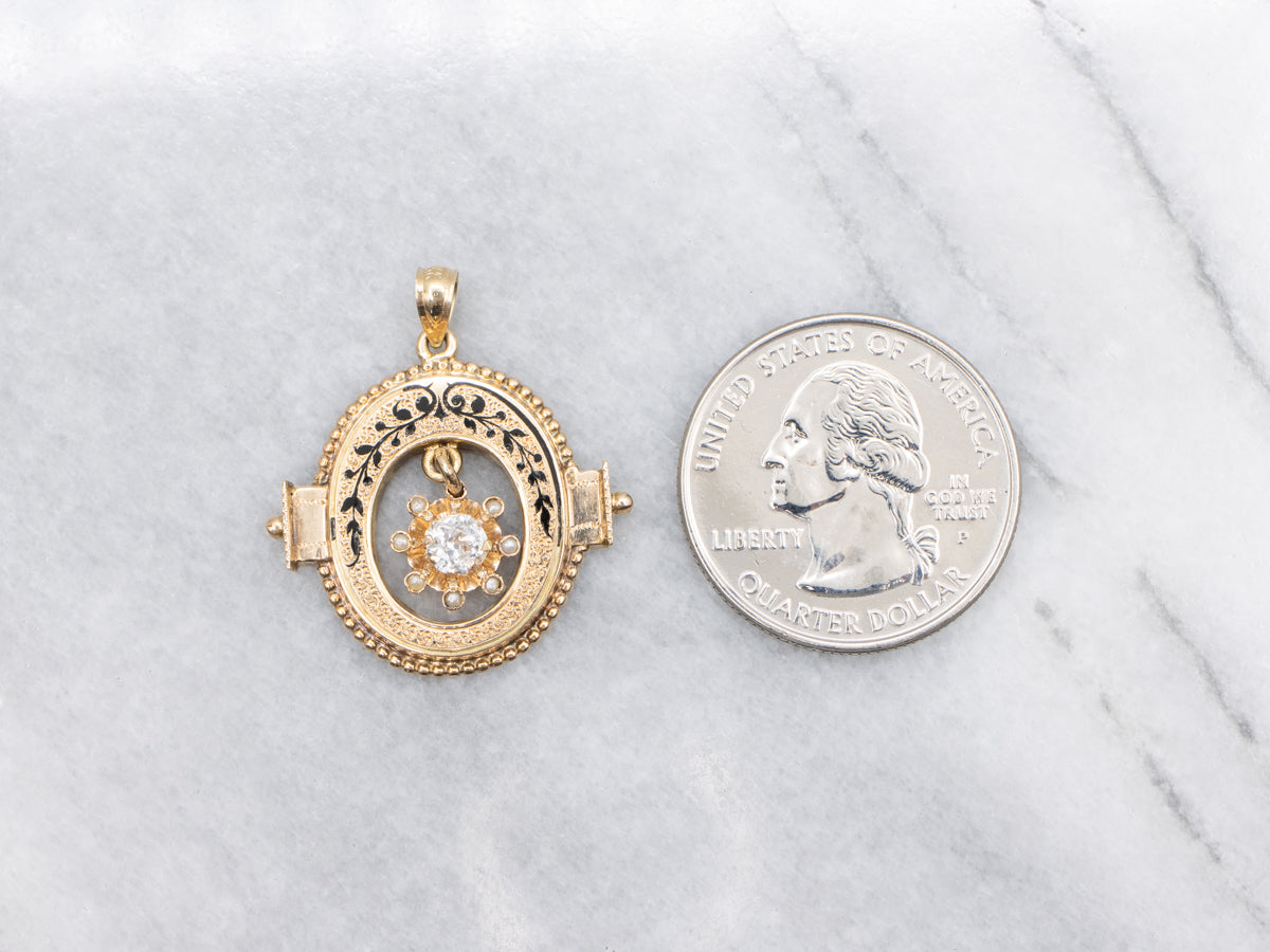 Victorian Old Mine Cut Diamond Gold and Enamel Pendant