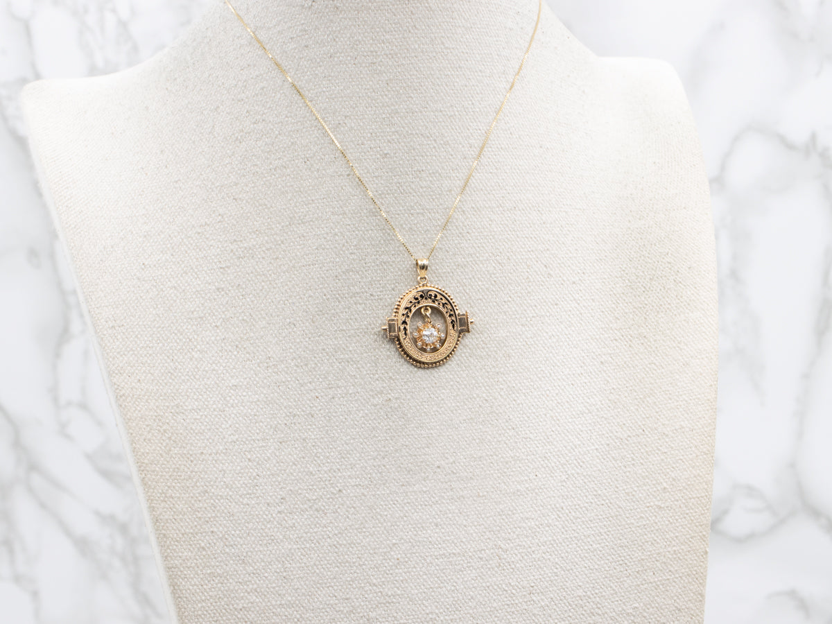 Victorian Old Mine Cut Diamond Gold and Enamel Pendant