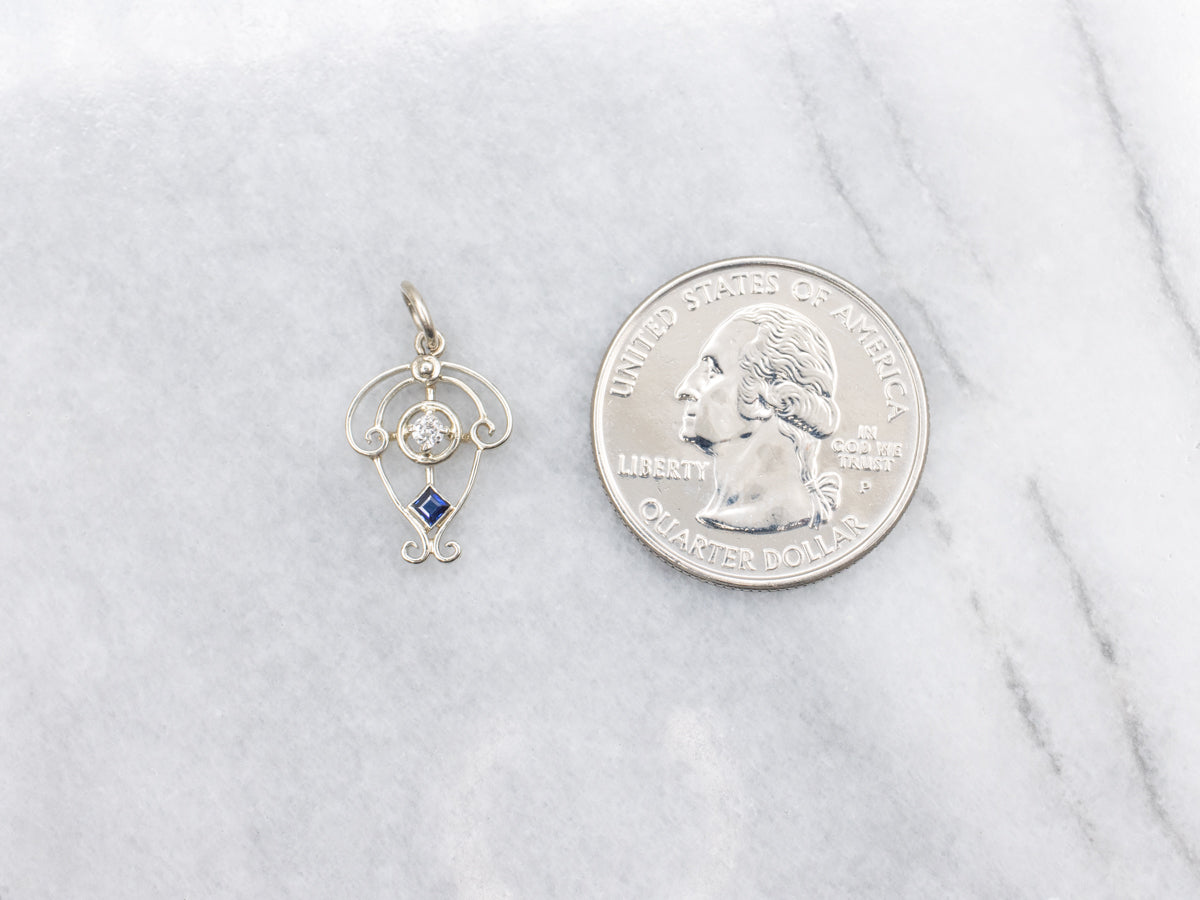 Antique White Gold Diamond and Sapphire Pendant