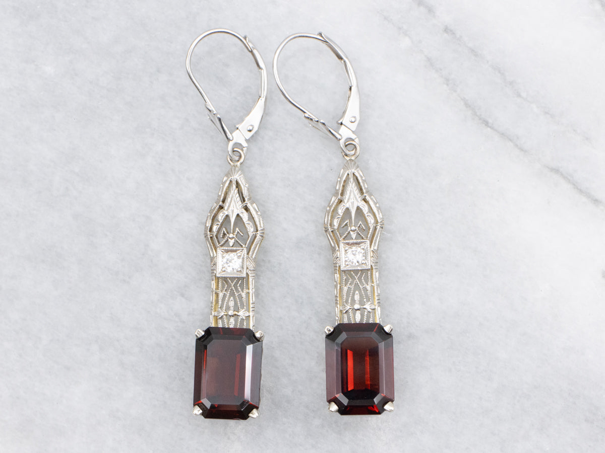 Upcyled Deco Diamond Filigree and Garnet Drop Earrings