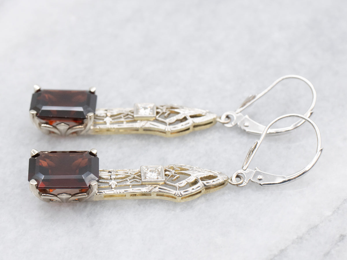 Upcyled Deco Diamond Filigree and Garnet Drop Earrings