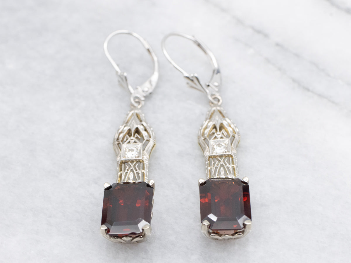 Upcyled Deco Diamond Filigree and Garnet Drop Earrings