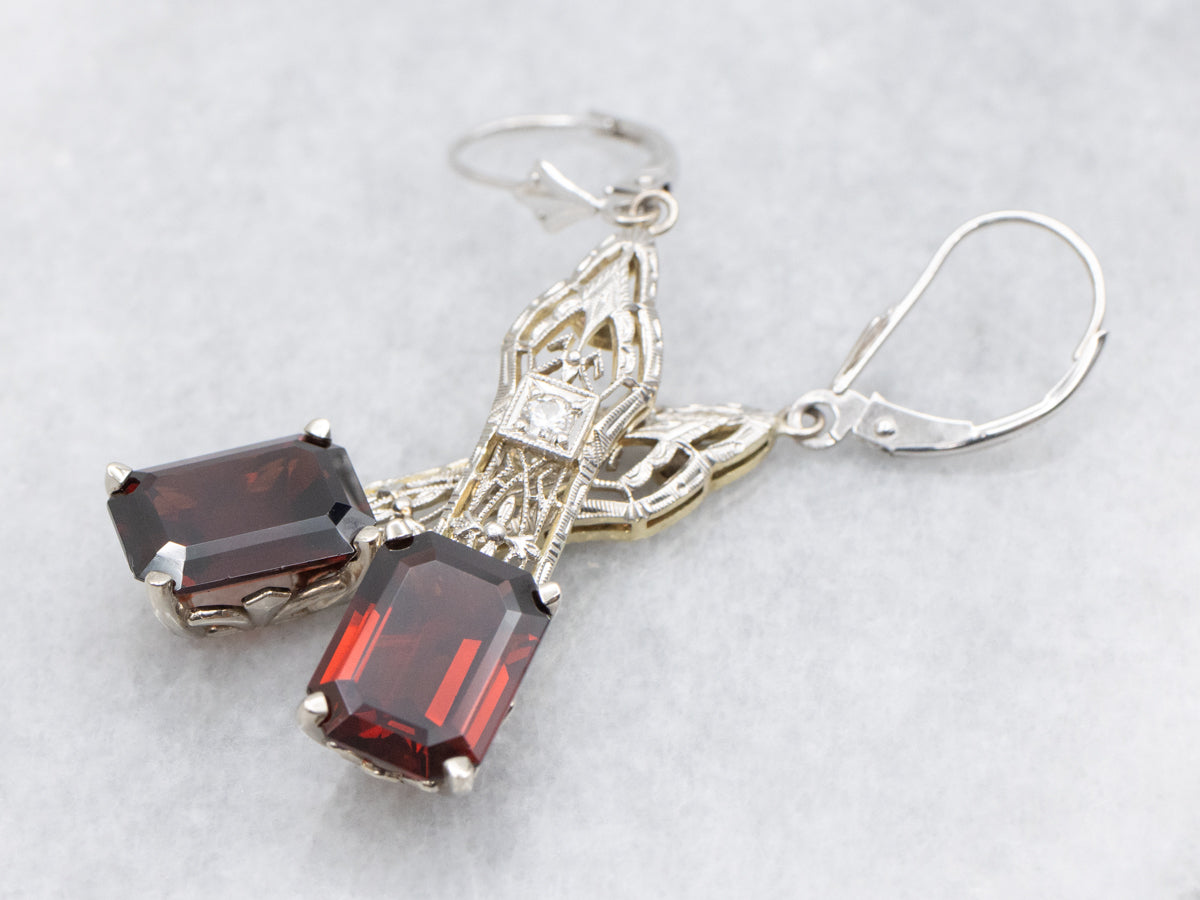 Upcyled Deco Diamond Filigree and Garnet Drop Earrings