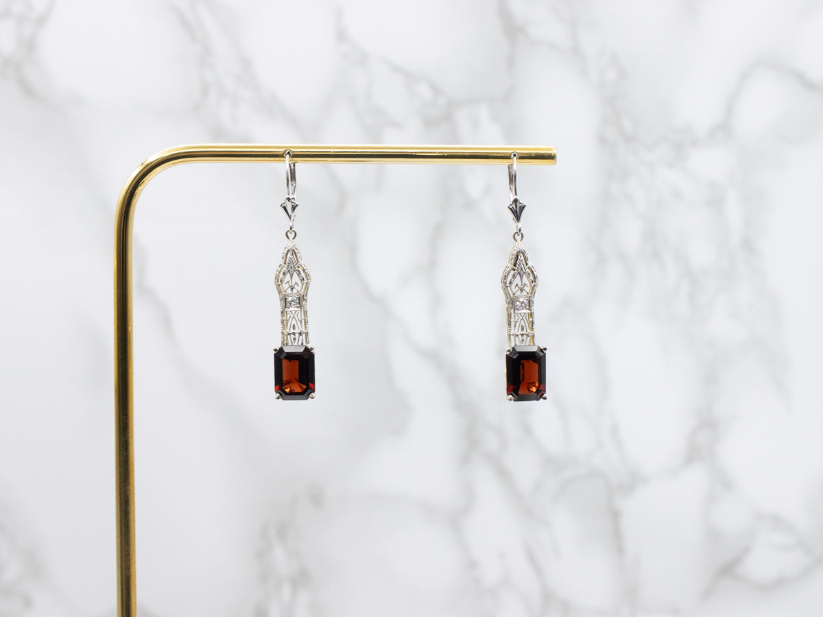 Upcyled Deco Diamond Filigree and Garnet Drop Earrings