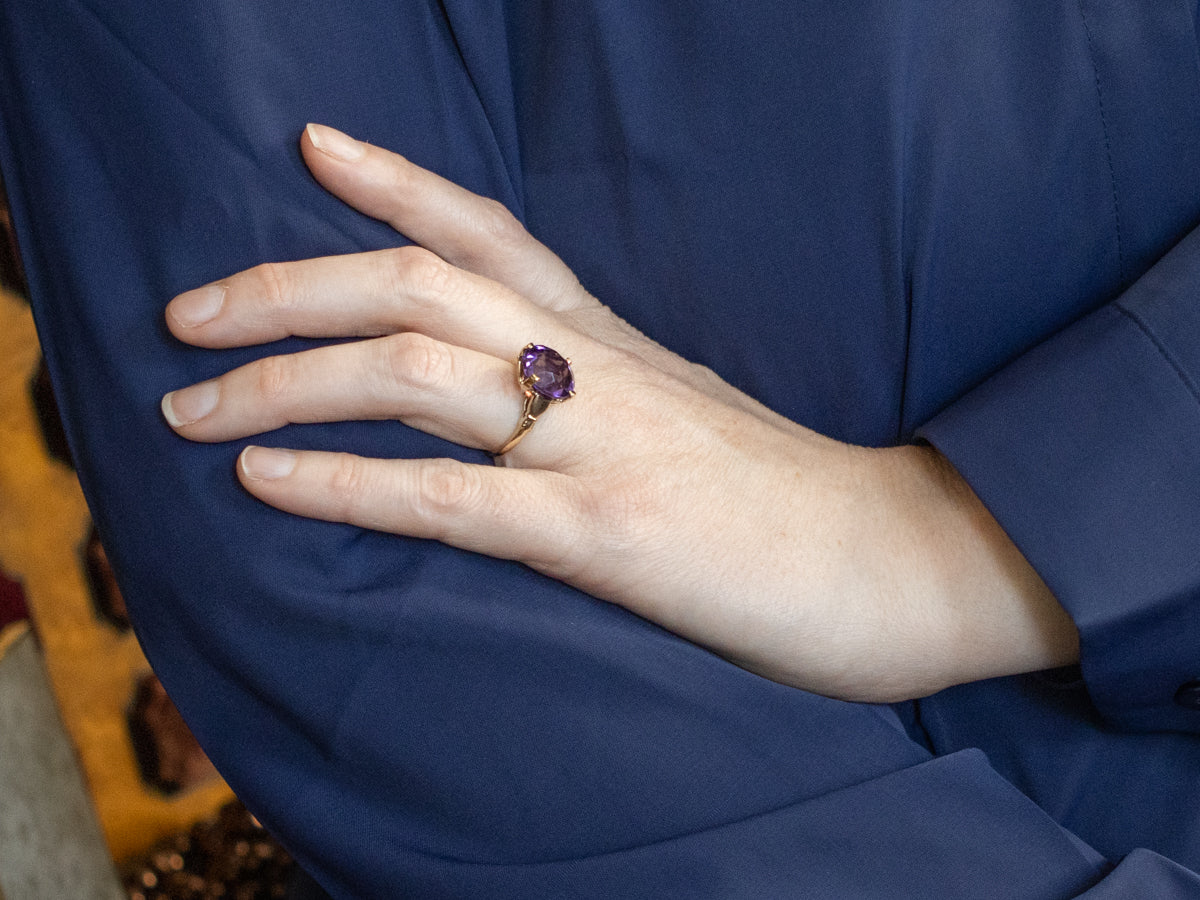 Amethyst Solitaire Ring in Vintage Gold Setting
