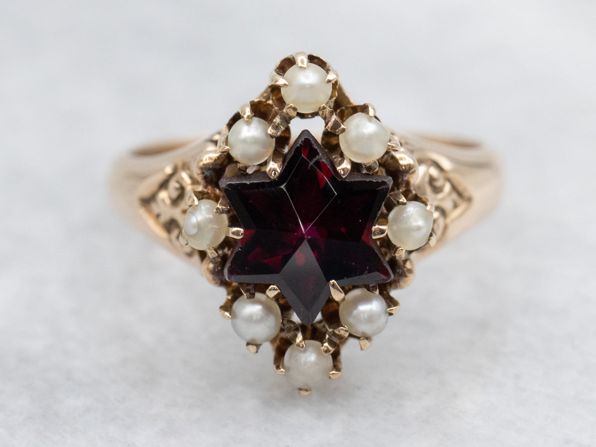 Victorian Rose Gold Star-Cut Garnet and Seed Pearl Ring