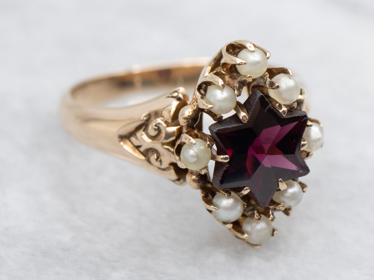 Victorian Rose Gold Star-Cut Garnet and Seed Pearl Ring
