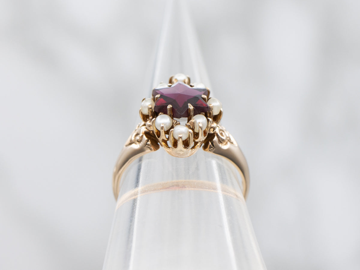Victorian Rose Gold Star-Cut Garnet and Seed Pearl Ring