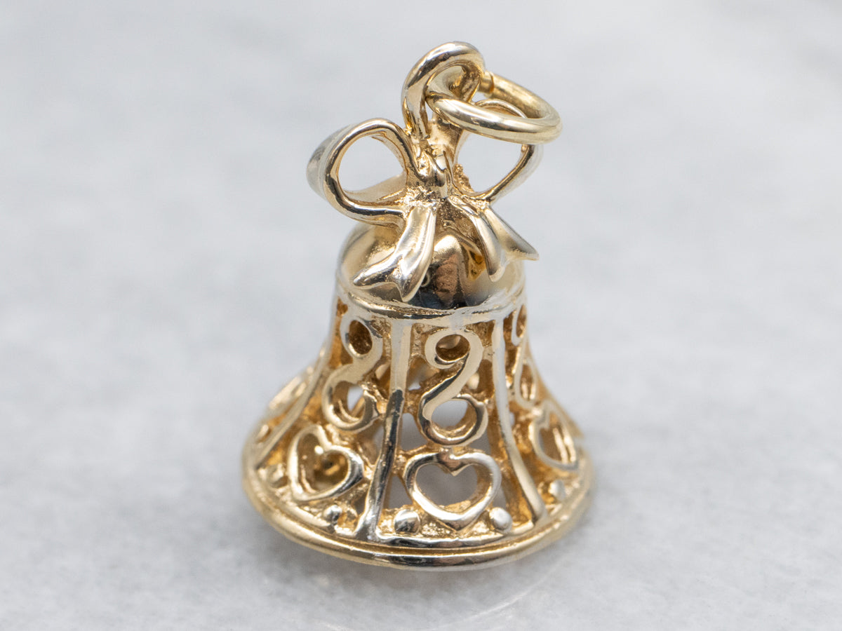 Yellow Gold Filigree Wedding Bell Charm with Ribbon Bow