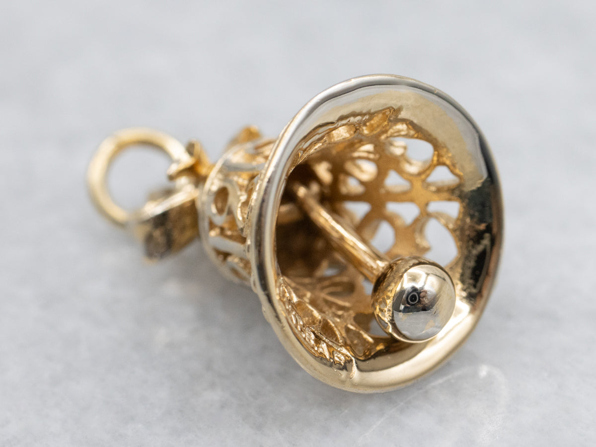 Yellow Gold Filigree Wedding Bell Charm with Ribbon Bow