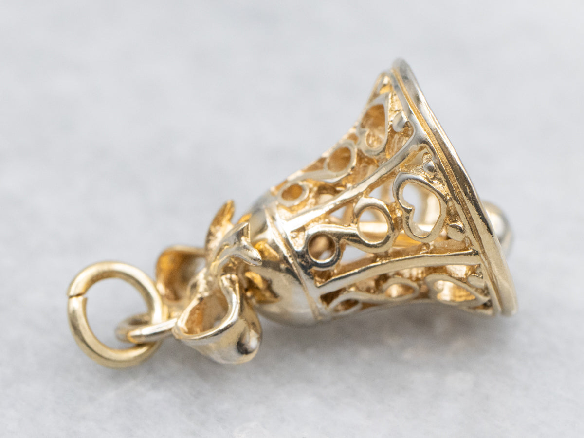 Yellow Gold Filigree Wedding Bell Charm with Ribbon Bow