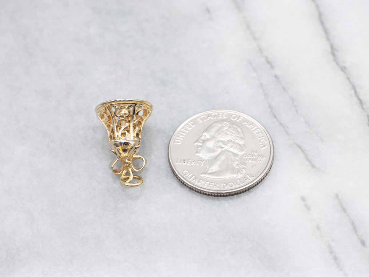 Yellow Gold Filigree Wedding Bell Charm with Ribbon Bow