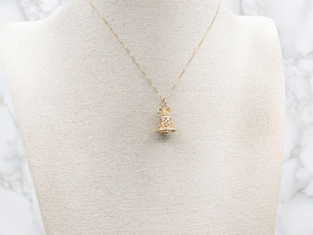 Yellow Gold Filigree Wedding Bell Charm with Ribbon Bow