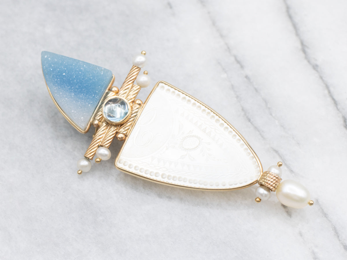 Carved Mother of Pearl Druzy Quartz Topaz and Pearl Brooch or Pendant