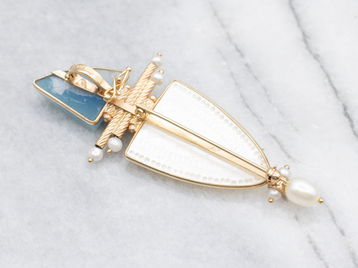 Carved Mother of Pearl Druzy Quartz Topaz and Pearl Brooch or Pendant