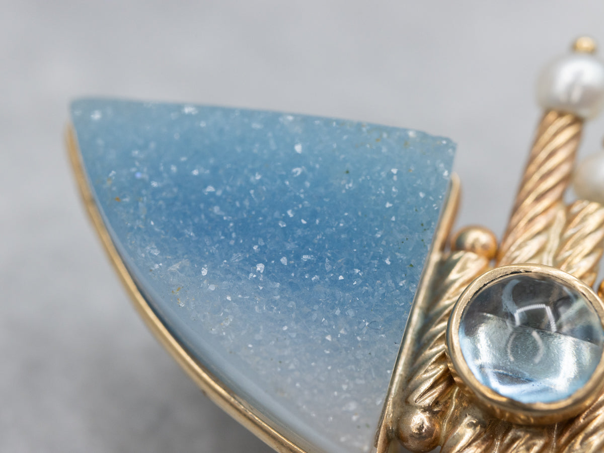 Carved Mother of Pearl Druzy Quartz Topaz and Pearl Brooch or Pendant