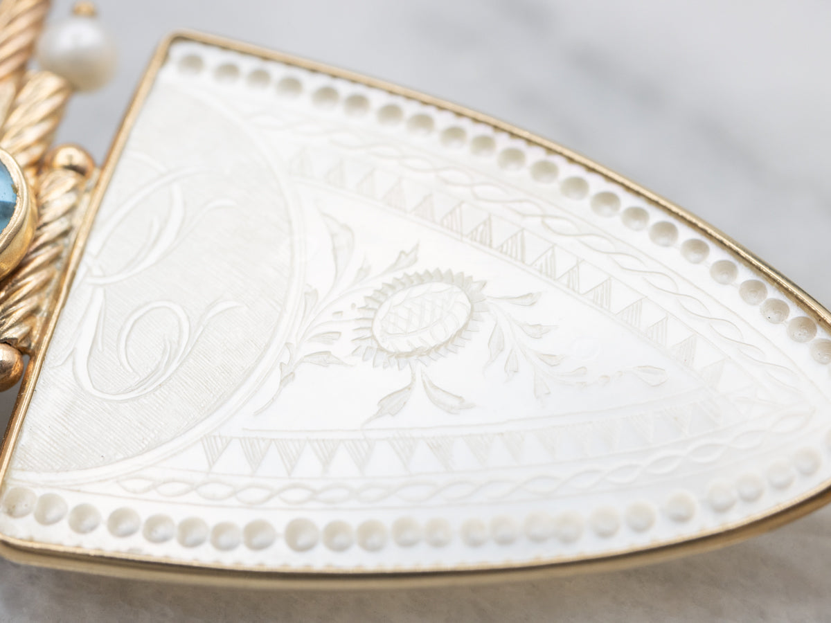 Carved Mother of Pearl Druzy Quartz Topaz and Pearl Brooch or Pendant