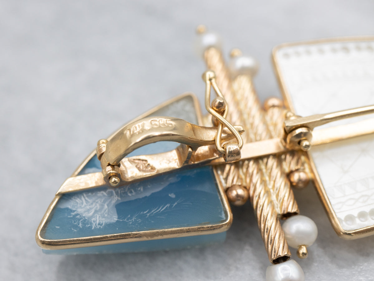 Carved Mother of Pearl Druzy Quartz Topaz and Pearl Brooch or Pendant