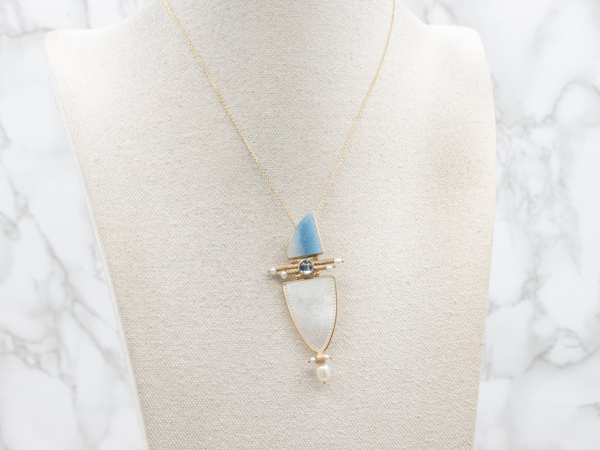 Carved Mother of Pearl Druzy Quartz Topaz and Pearl Brooch or Pendant