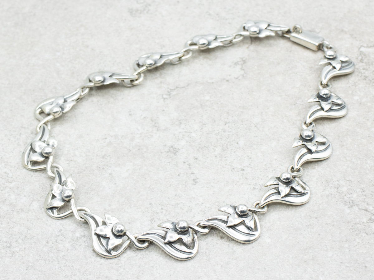 Sterling Silver Taxco Floral Link Chocker Necklace