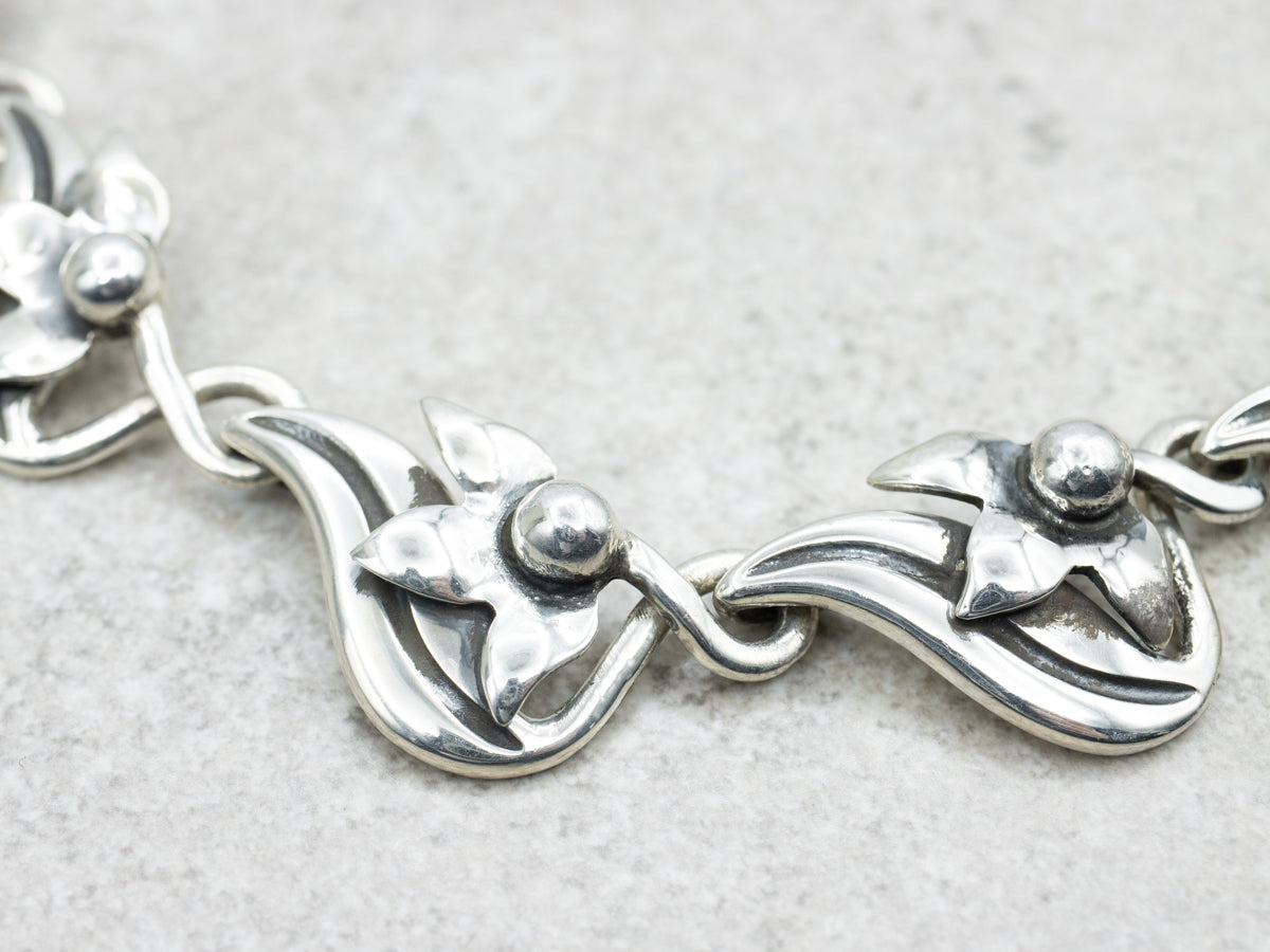 Sterling Silver Taxco Floral Link Chocker Necklace