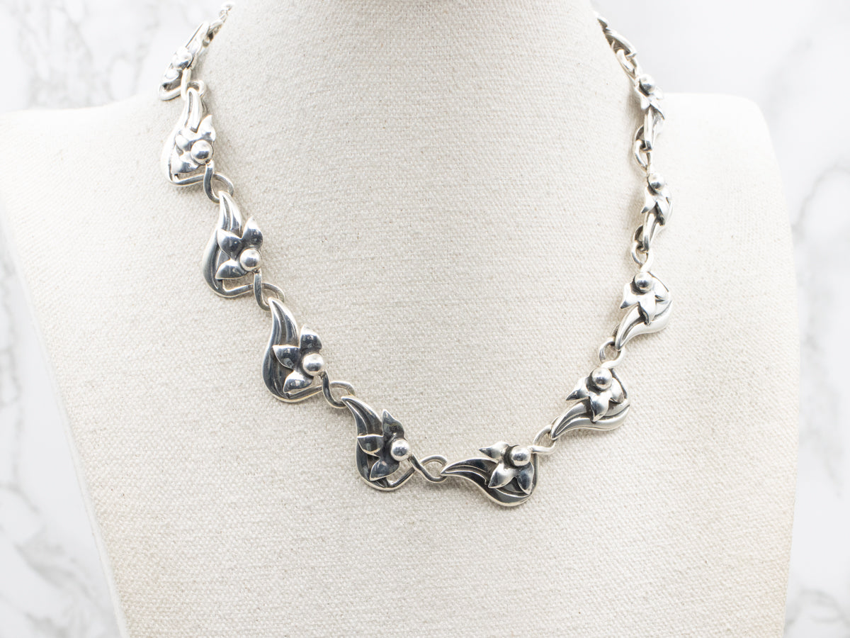 Sterling Silver Taxco Floral Link Chocker Necklace