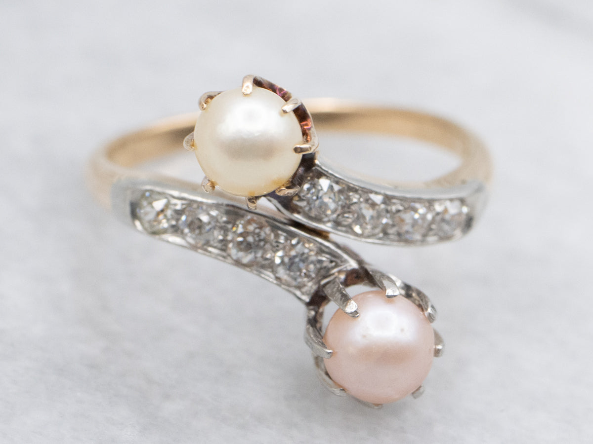 Vintage Pink and Champagne Pearl Diamond Bypass Ring