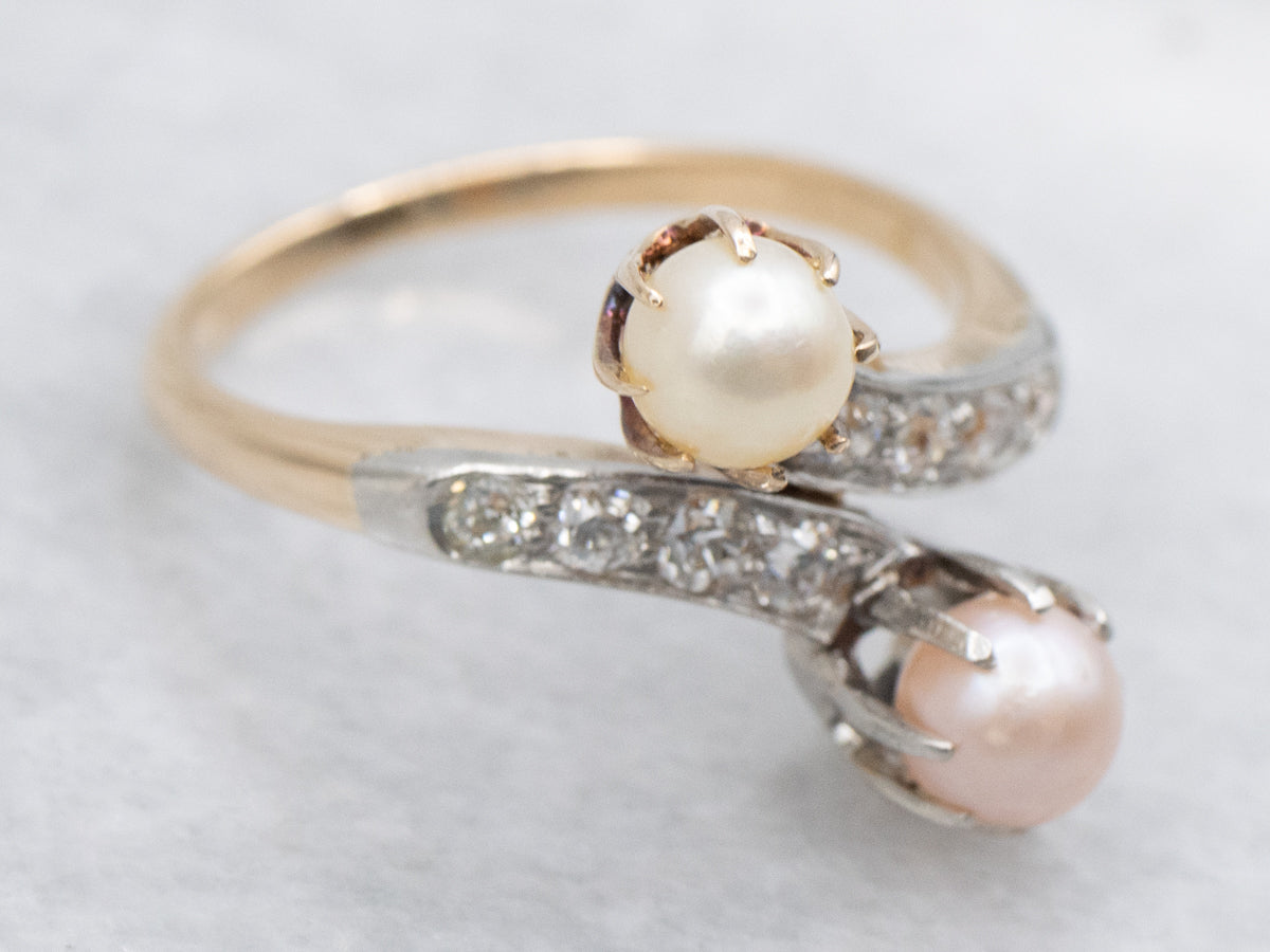 Vintage Pink and Champagne Pearl Diamond Bypass Ring