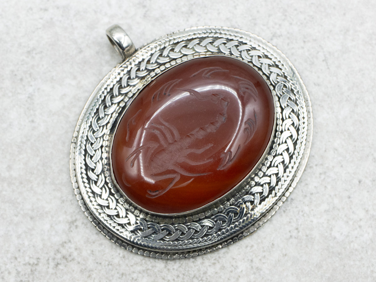 Sterling Silver Carnelian Pendant with Carved Scorpion
