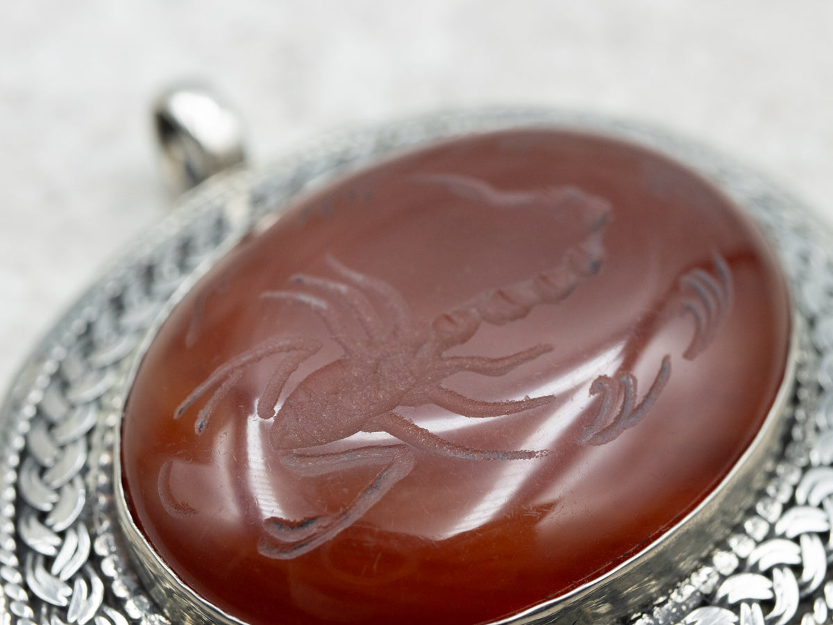 Sterling Silver Carnelian Pendant with Carved Scorpion