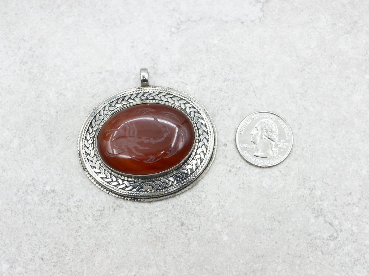 Sterling Silver Carnelian Pendant with Carved Scorpion