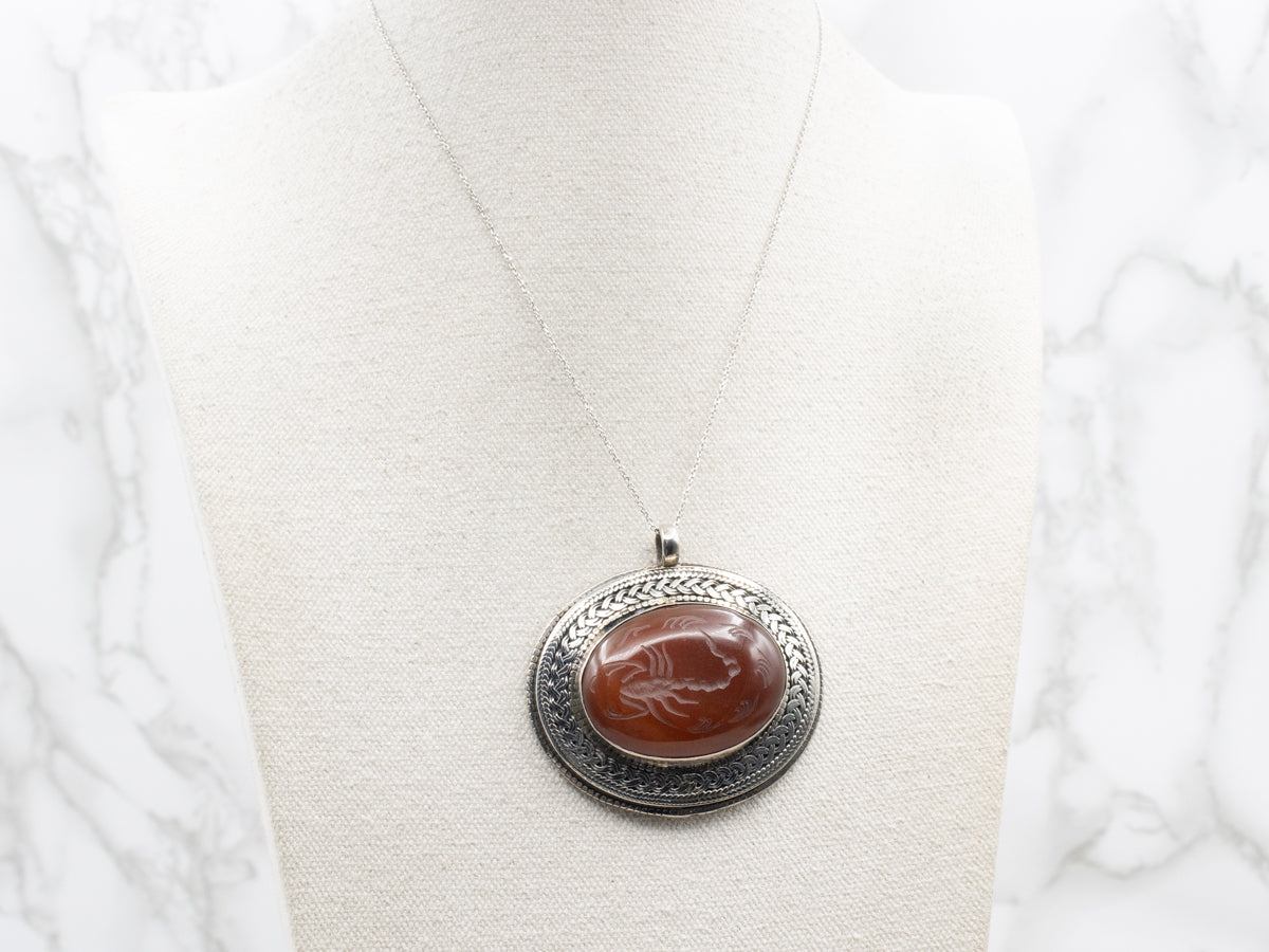 Sterling Silver Carnelian Pendant with Carved Scorpion