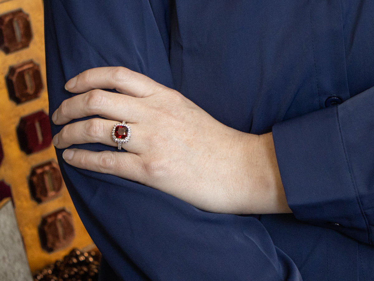 Garnet and Diamond Modern Halo Ring