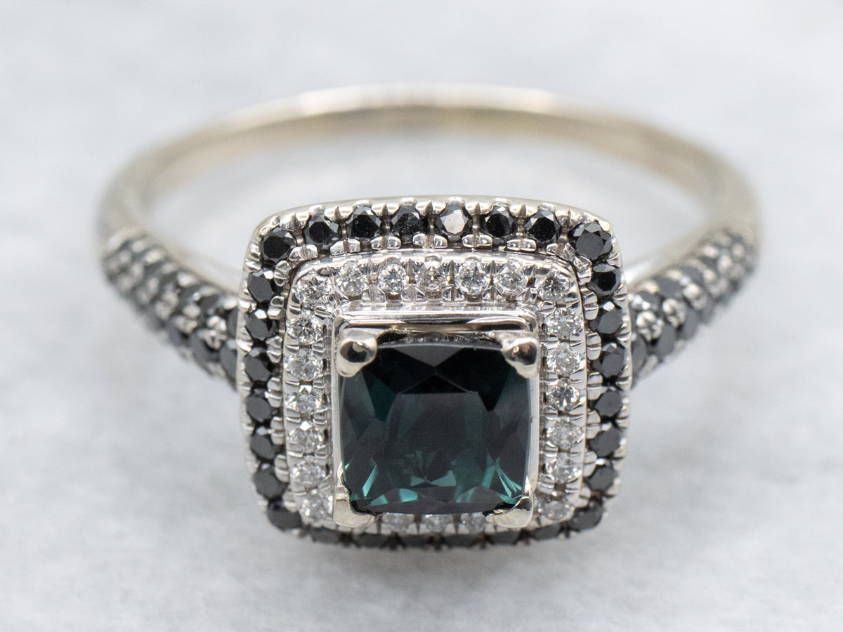 Teal Tourmaline with Black and White Diamond Halo Ring