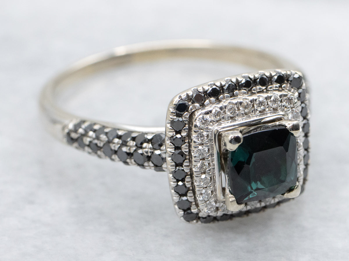 Teal Tourmaline with Black and White Diamond Halo Ring