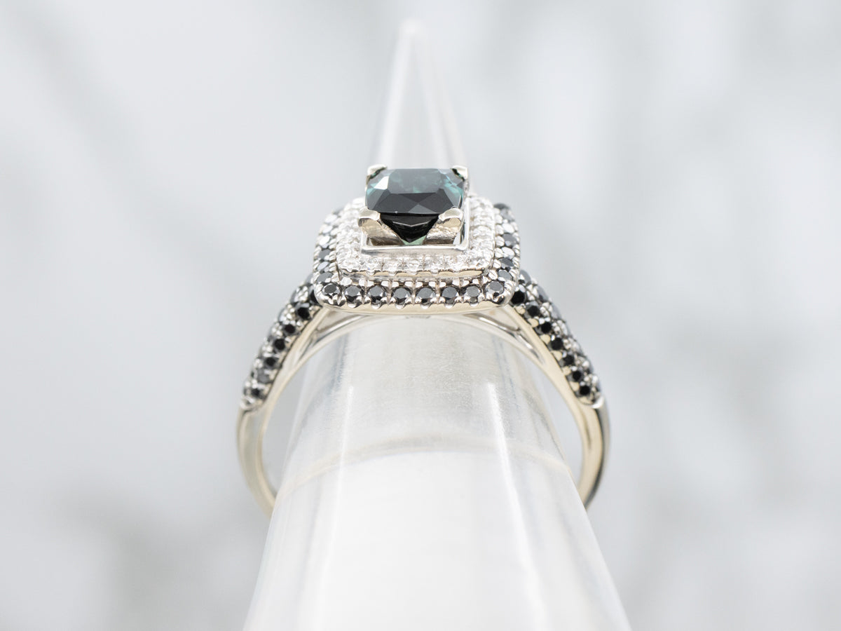 Teal Tourmaline with Black and White Diamond Halo Ring